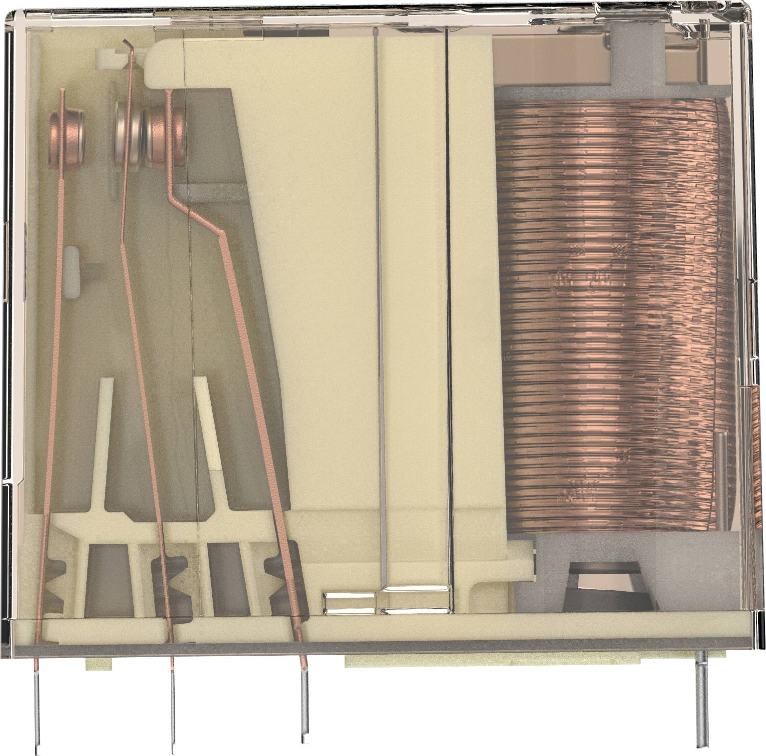 A transparent electromagnet reveals the internal structure of a coil and contact elements within a rectangular, see-through casing.
