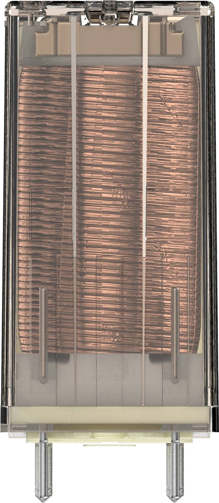 A close-up of an electrical component with a copper coil inside a transparent housing.