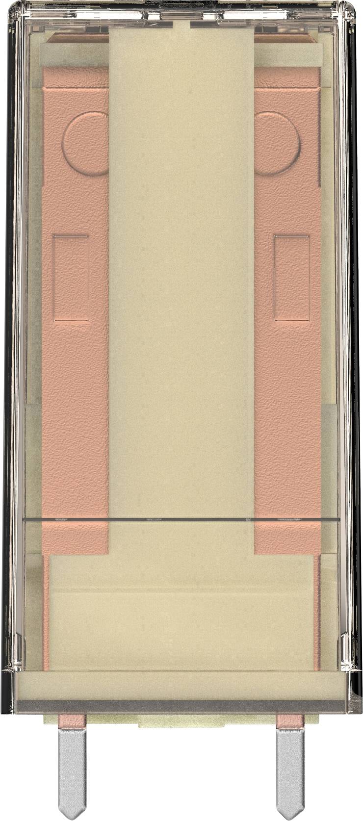 An electrical fuse block, used as a protective component in electronic circuits, with two metal terminals.