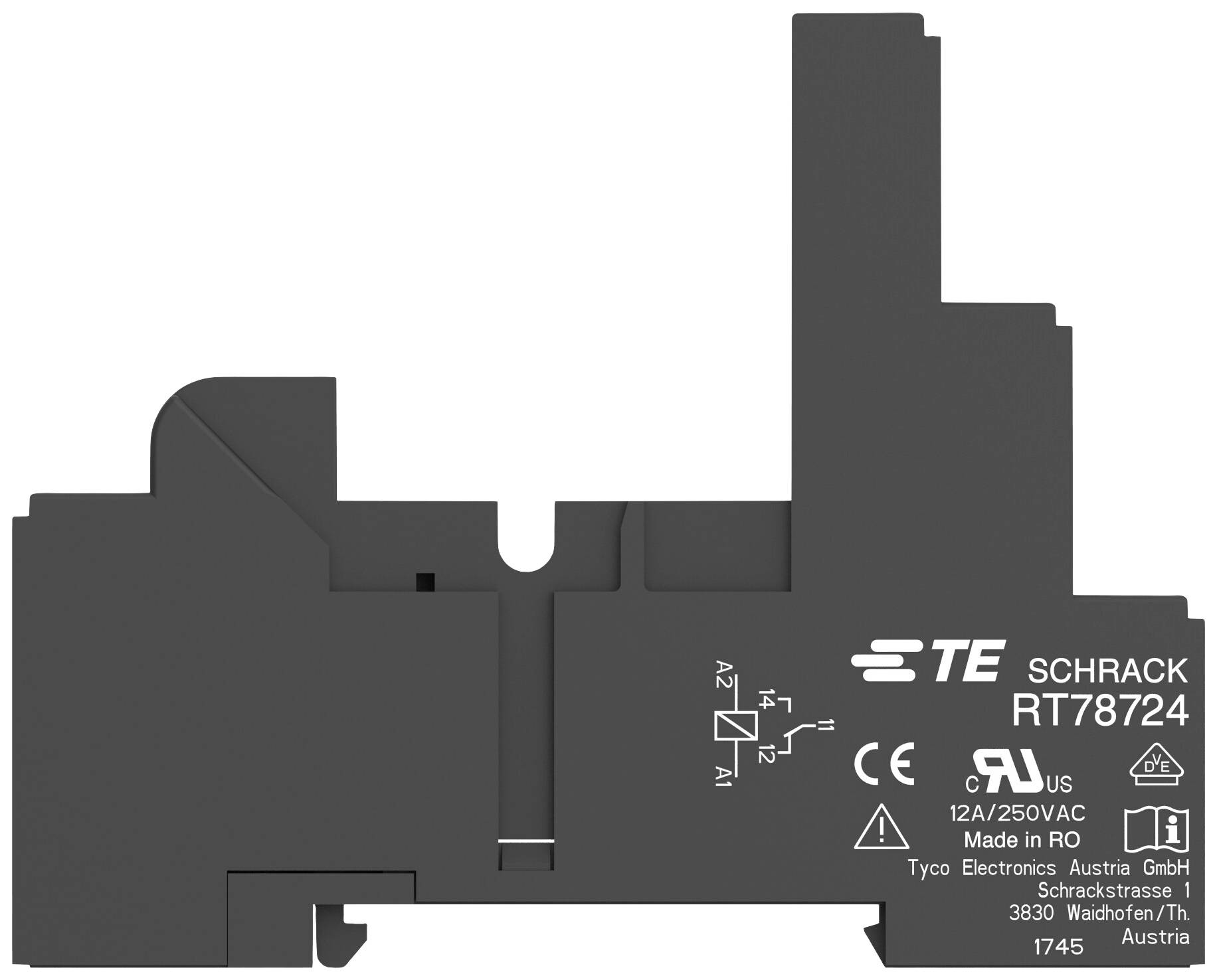 A relay with the model number RT78724 from Schrack, displaying technical symbols, CE marking, and manufacturer information on the left side.