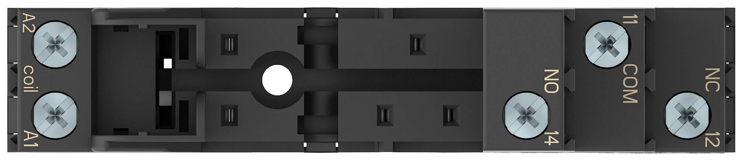 A black electrical relay socket with connections labelled 'A2', 'A1', '14', 'NO', 'COM', '11', and 'NC'.