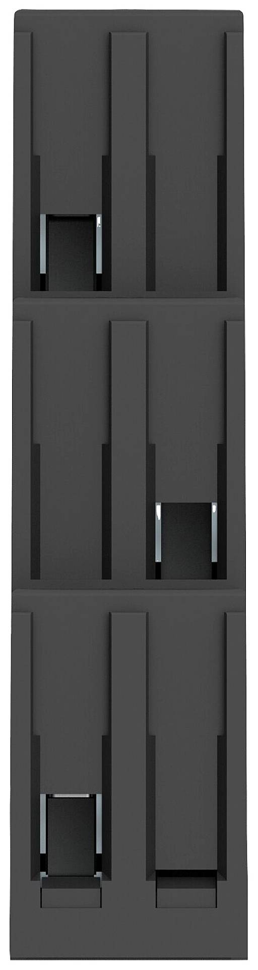 'Black, vertical, rectangular, multi-part building element or housing with symmetrical notches and three openings.'