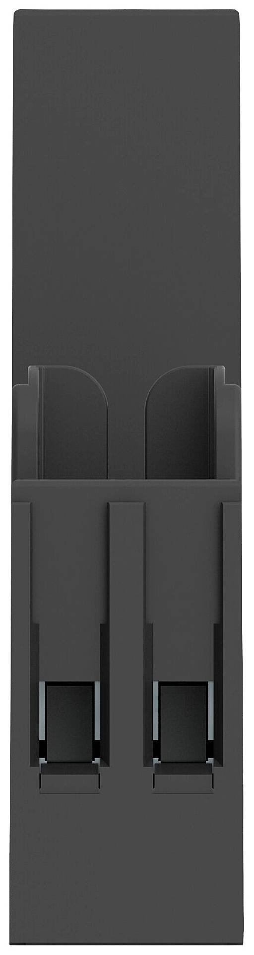 A black, vertical charger with two slots for batteries. Suitable for simultaneous charging of two batteries.