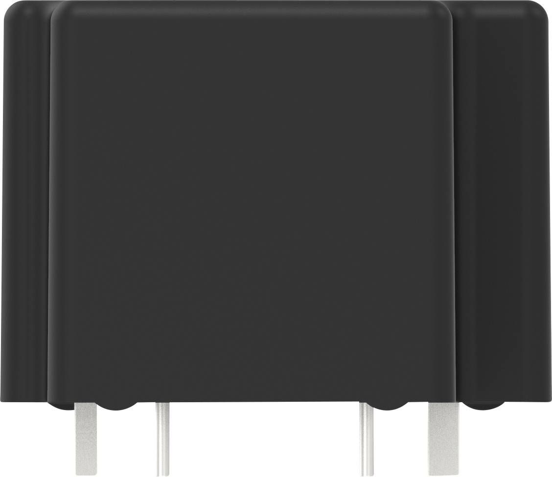 Black, rectangular charger with three pins on the underside.