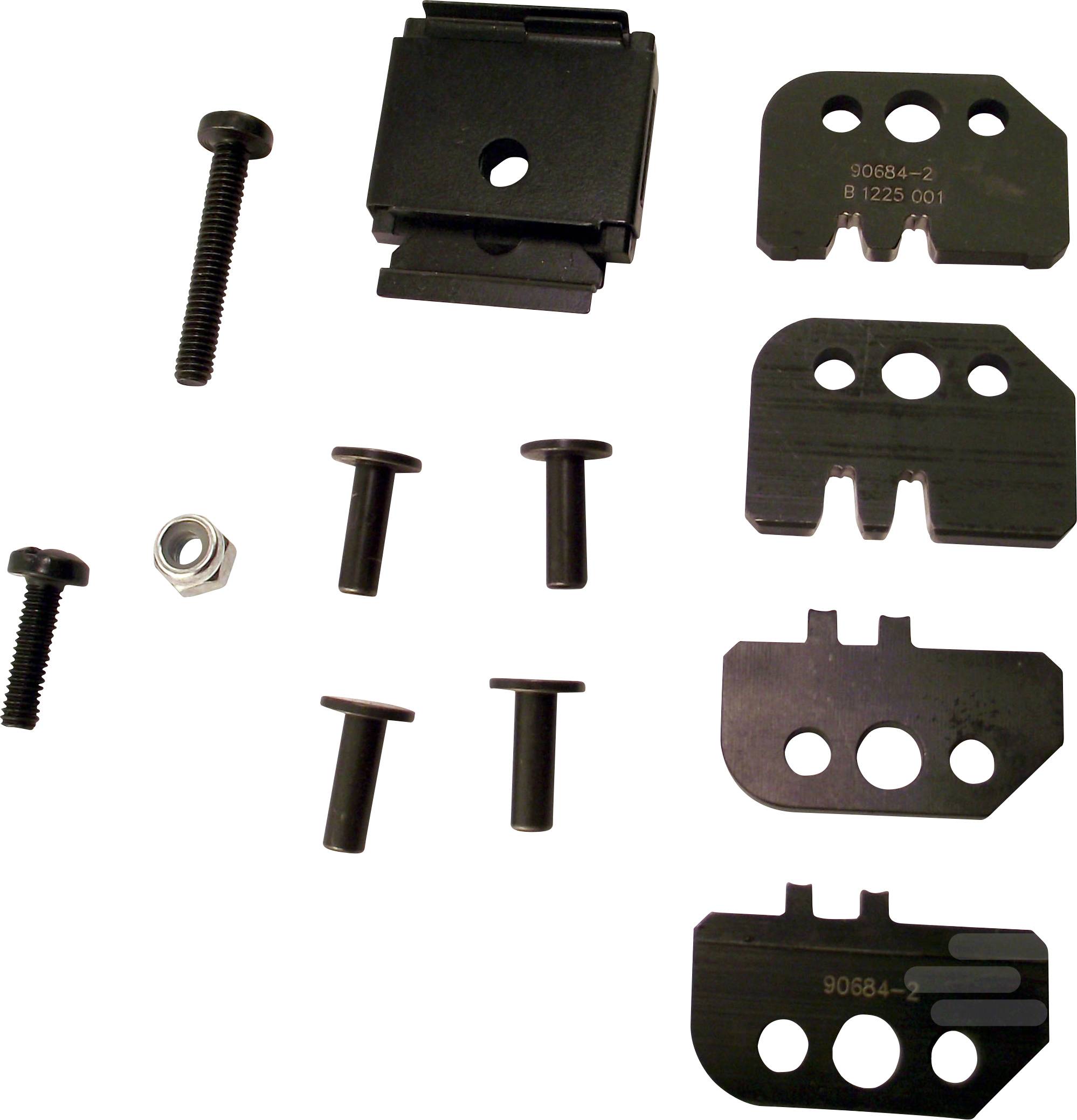 A set of metal mounting components, including screws, nuts, and brackets, likely used for securing assemblies.