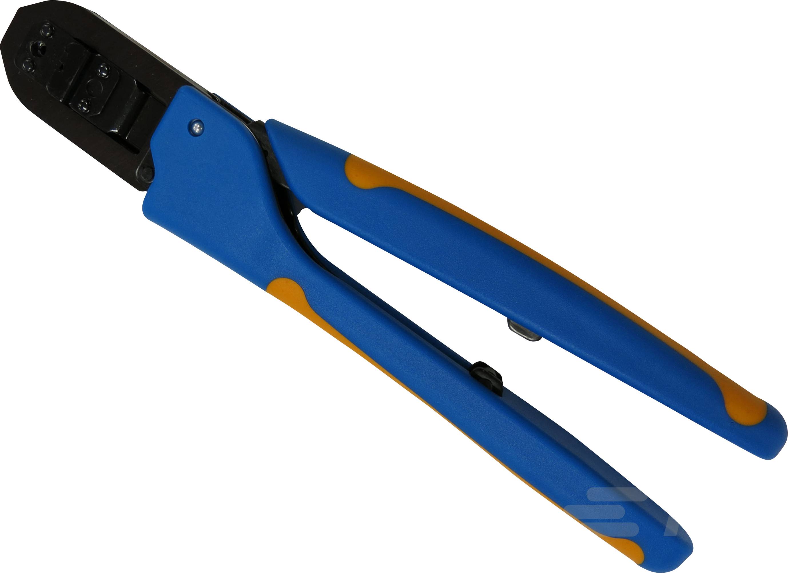 A blue crimping pliers with orange handles lying on a white background.