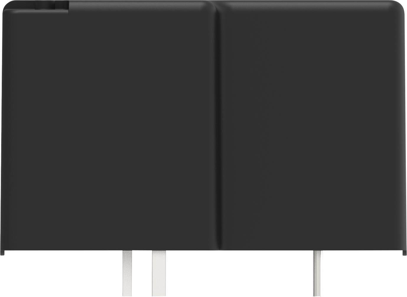 A black, rectangular electrical component with two protruding metal pins, presumably an electronic relay.