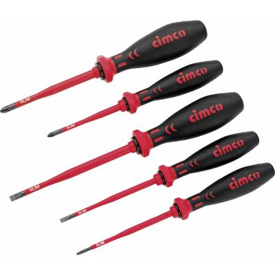 A set of isolated screwdrivers with black handles and red tips, in various sizes.