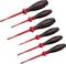 Six red and black screwdrivers with insulated handles and various tips, arranged in two rows.