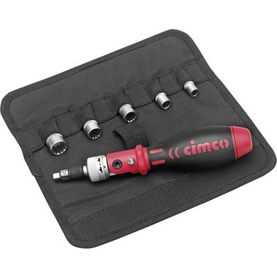 Adjustable torque screwdriver with five attachments in a black tool bag.