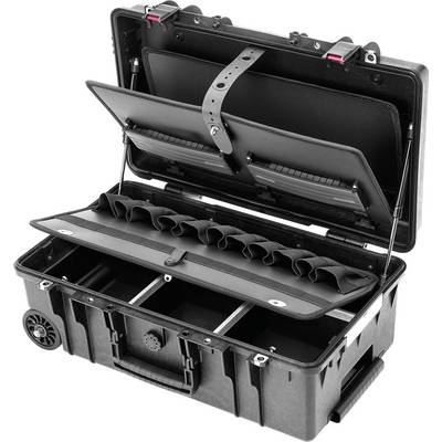 Black, open tool case with multiple compartments and dividers, suitable for storing various tools and utensils.