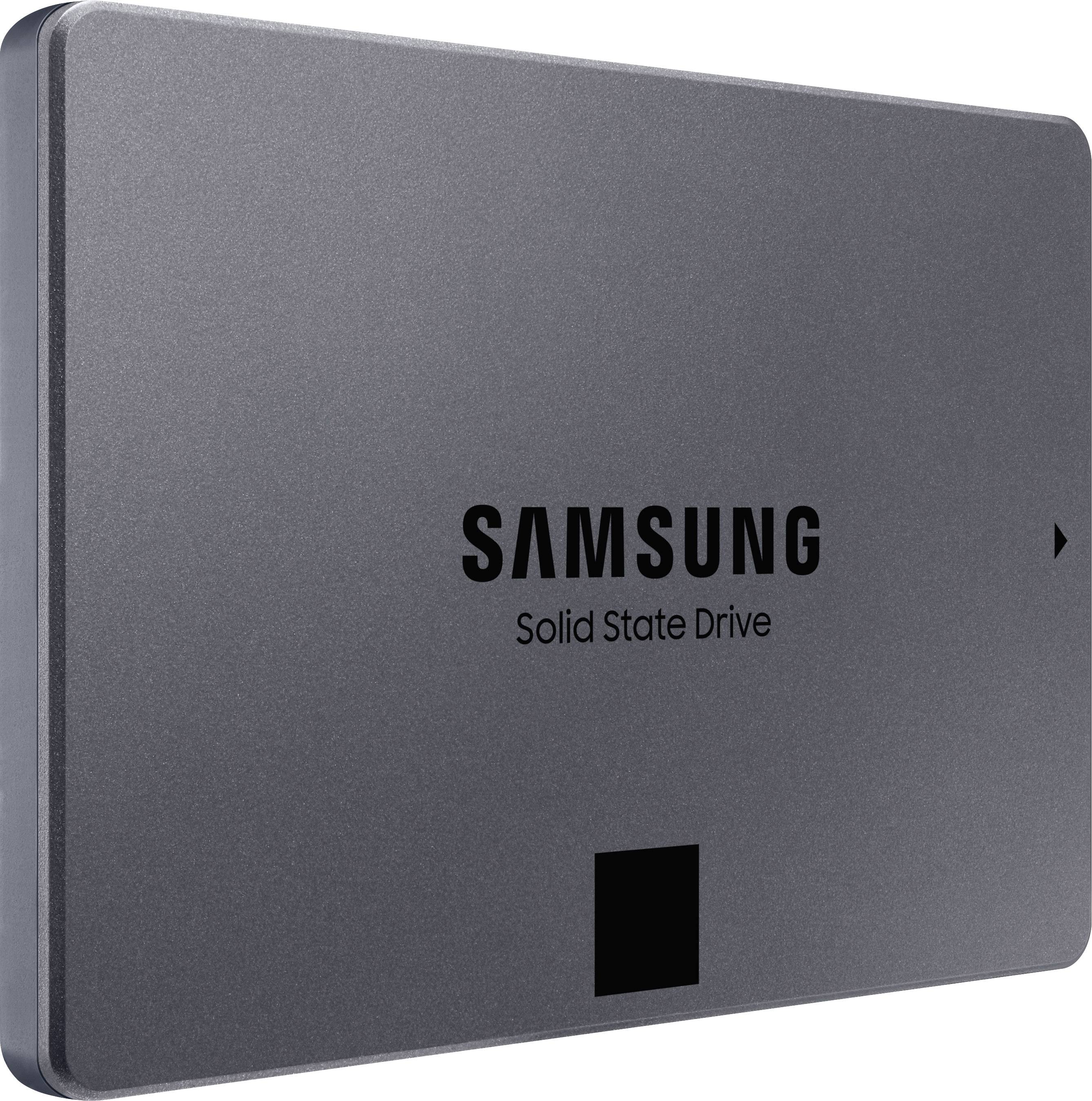 A silver Samsung Solid State Drive (SSD) with a black logo and black square at the bottom edge.
