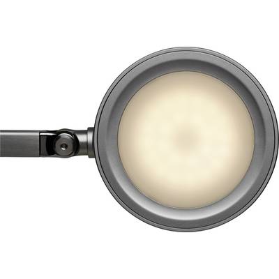 Modern, round ceiling light with soft, warm lighting, mounted on a slender black arm.