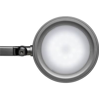 Round, silver LED lamp with a black mounting stem, viewed from above. Ideal for precise lighting in work areas.