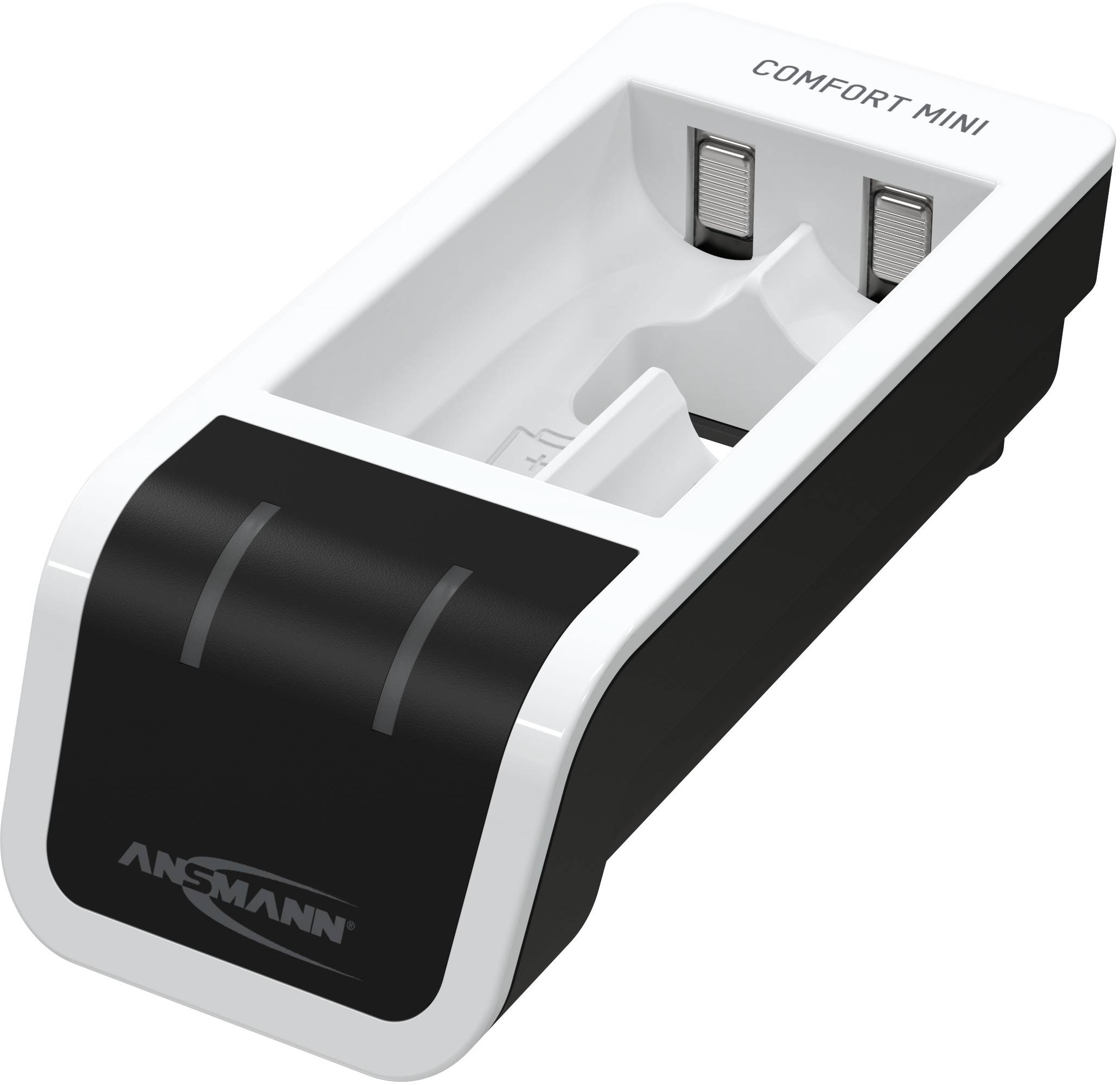 Battery Charger, 'COMFORT MINI', black and white, suitable for two AA or AAA batteries, compact design.
