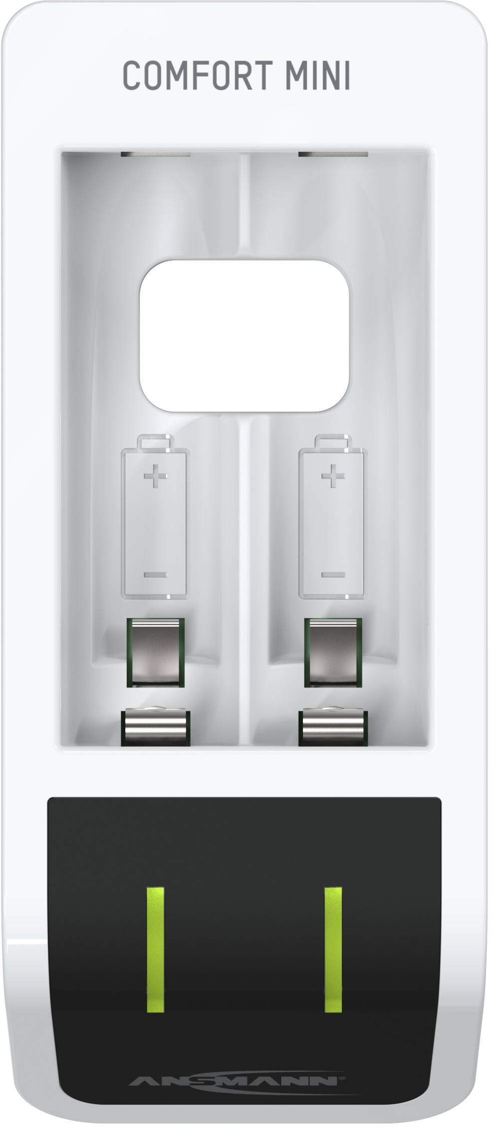 Battery Charger 'Comfort Mini' for two AA batteries, white casing with two empty charging slots, green LEDs indicating charging readiness.