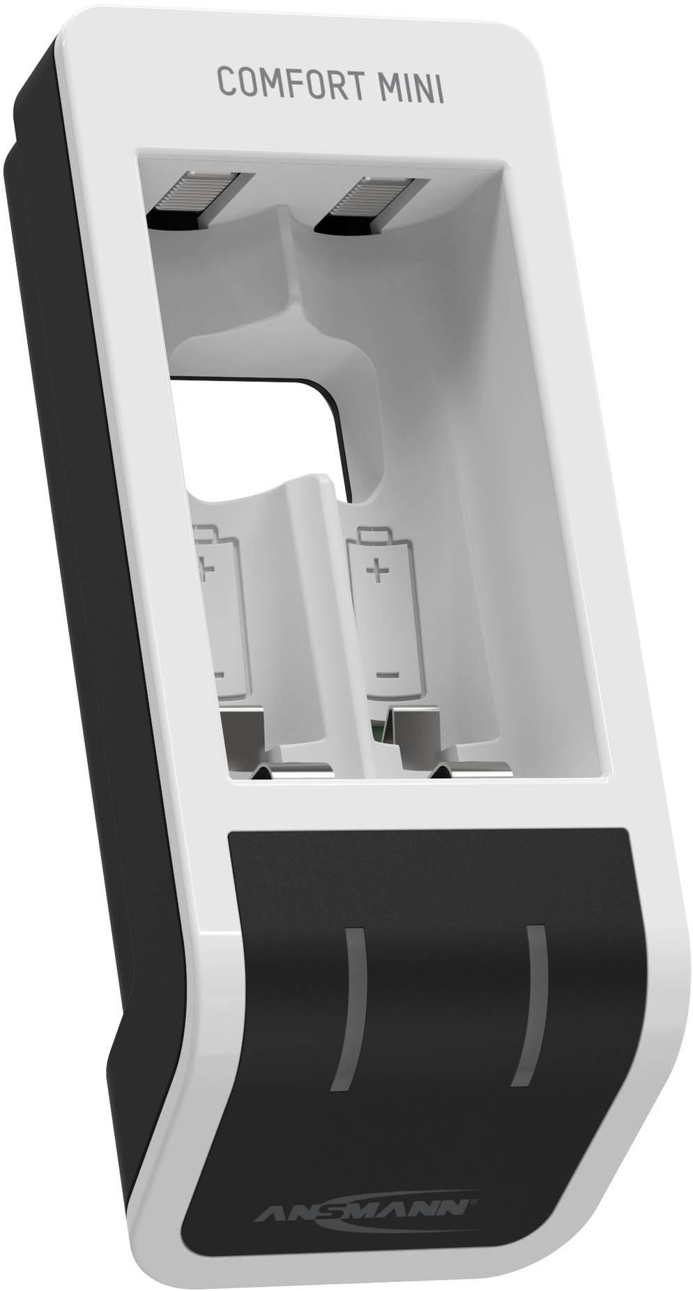 A black and white battery charger with two charging slots, with 'Comfort Mini' written on it.