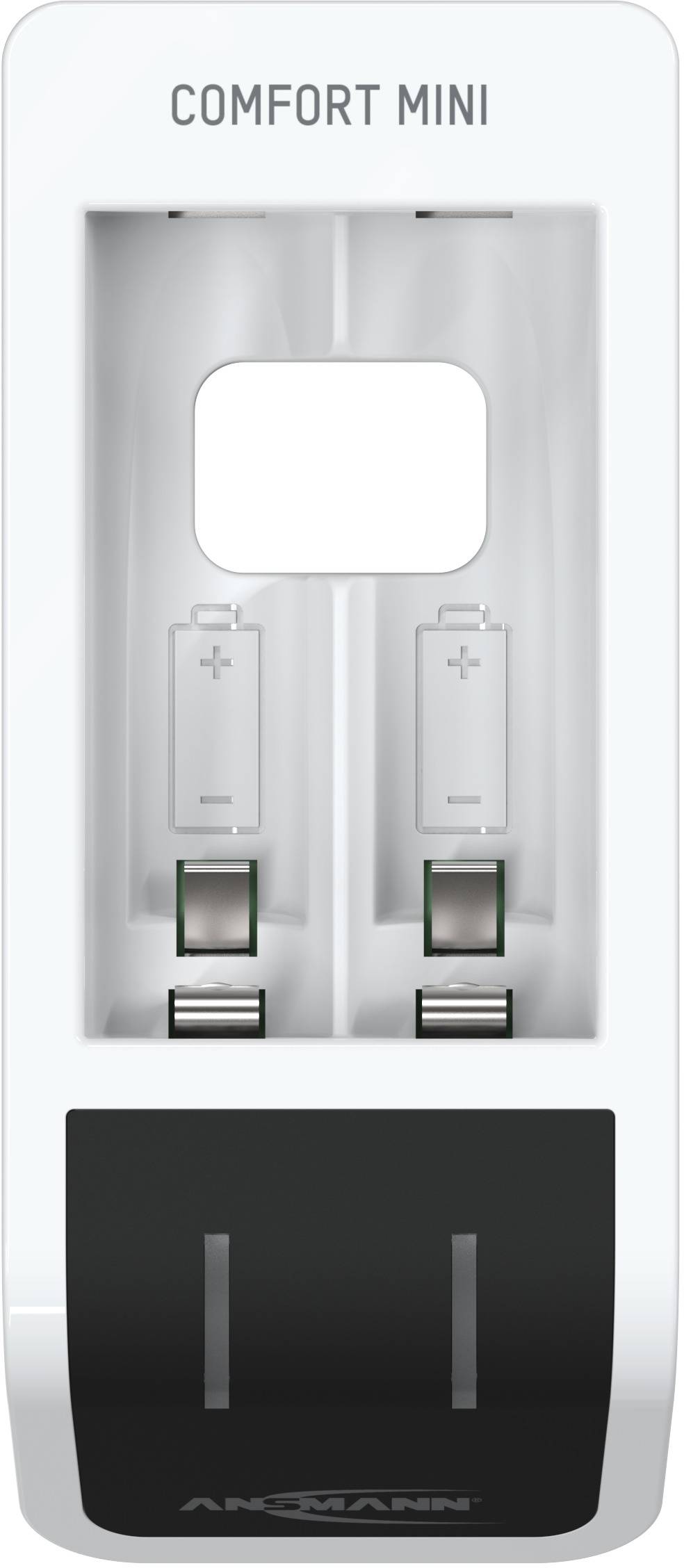Battery charger for two AA batteries, vertical arrangement, brand name 'Ansmann', model 'Comfort Mini'.