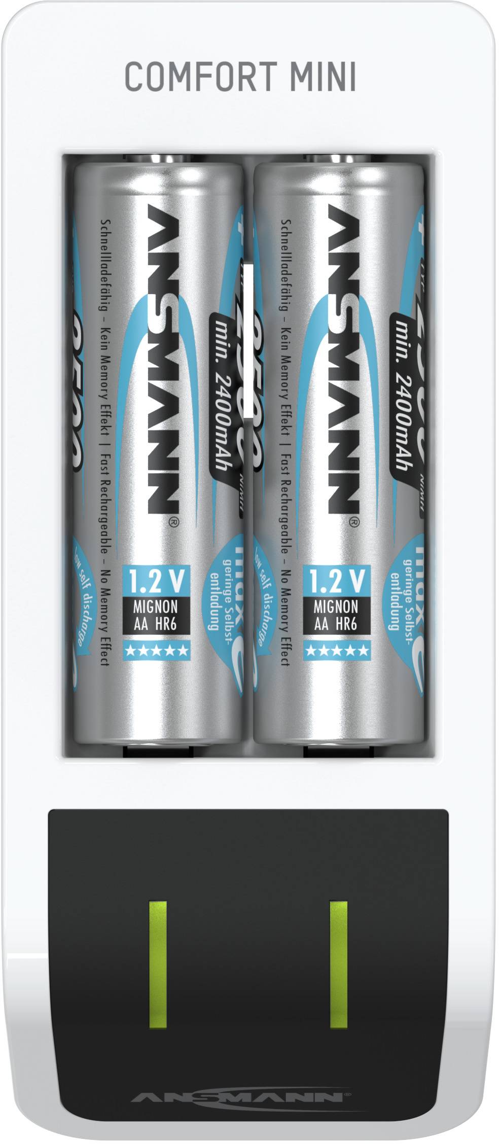 Battery charger with two AA batteries inserted, Ansmann brand. Charging indicator glowing green. 'Comfort Mini' written at the top.