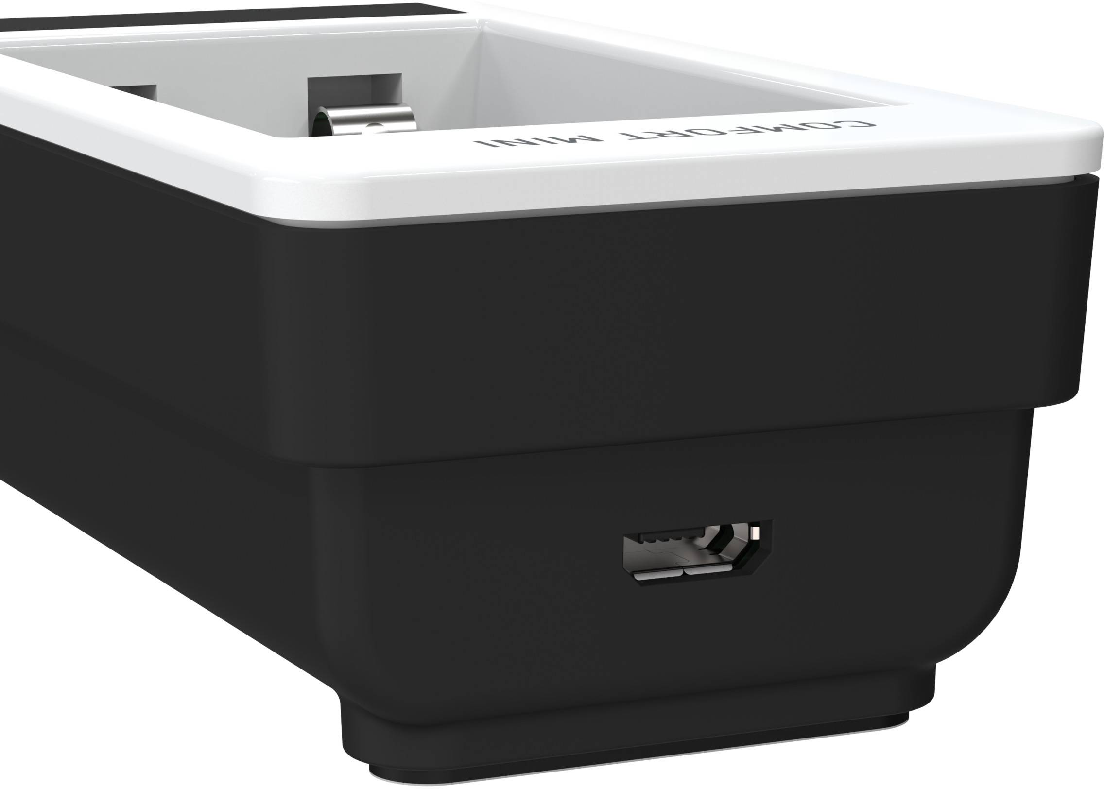 Black charger with white border and USB port, for charging electronic devices.