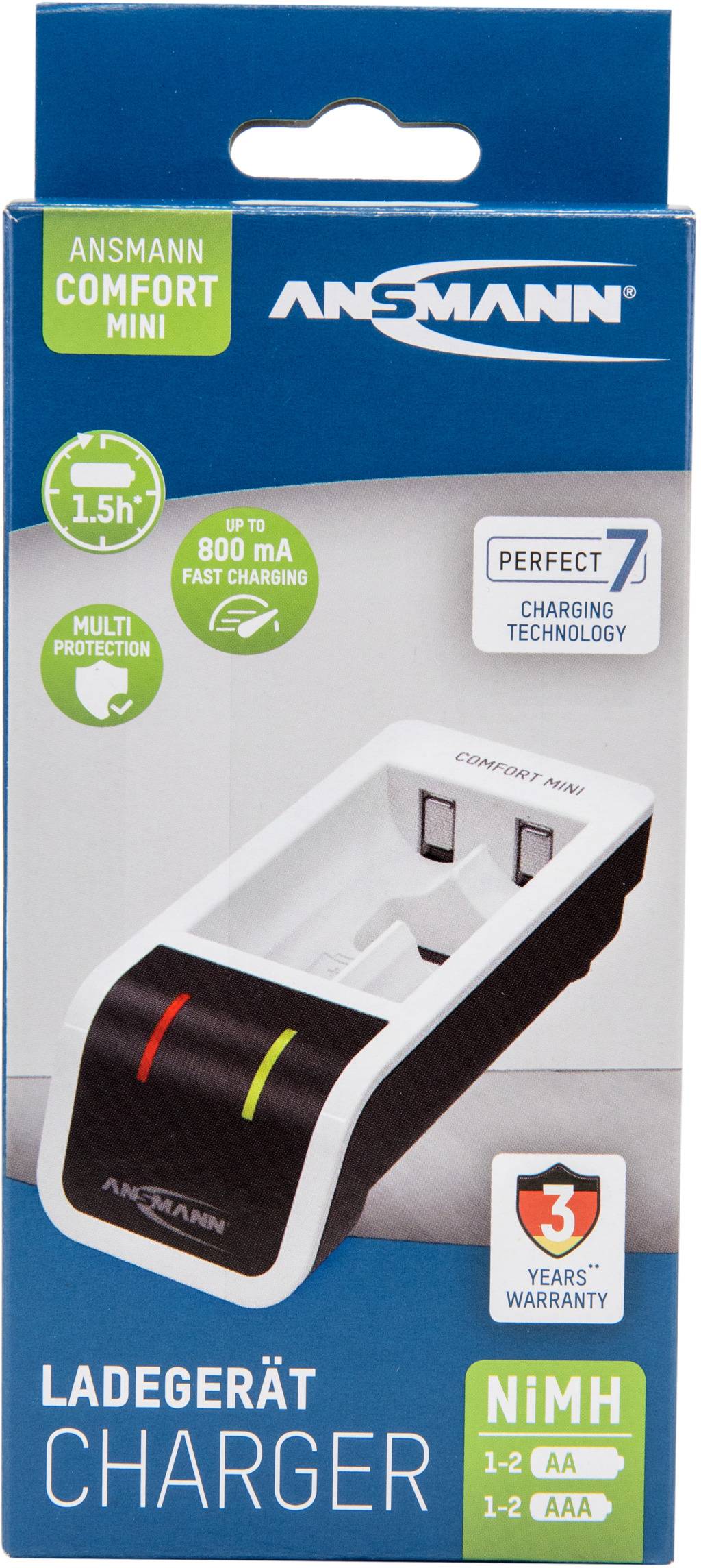 Ansmann Comfort Mini Charger for NiMH Batteries. Quick charging in 1.5 hours, compatible with AA/AAA. 'Multi Protection' and 'Perfect 7' Charging Technology.