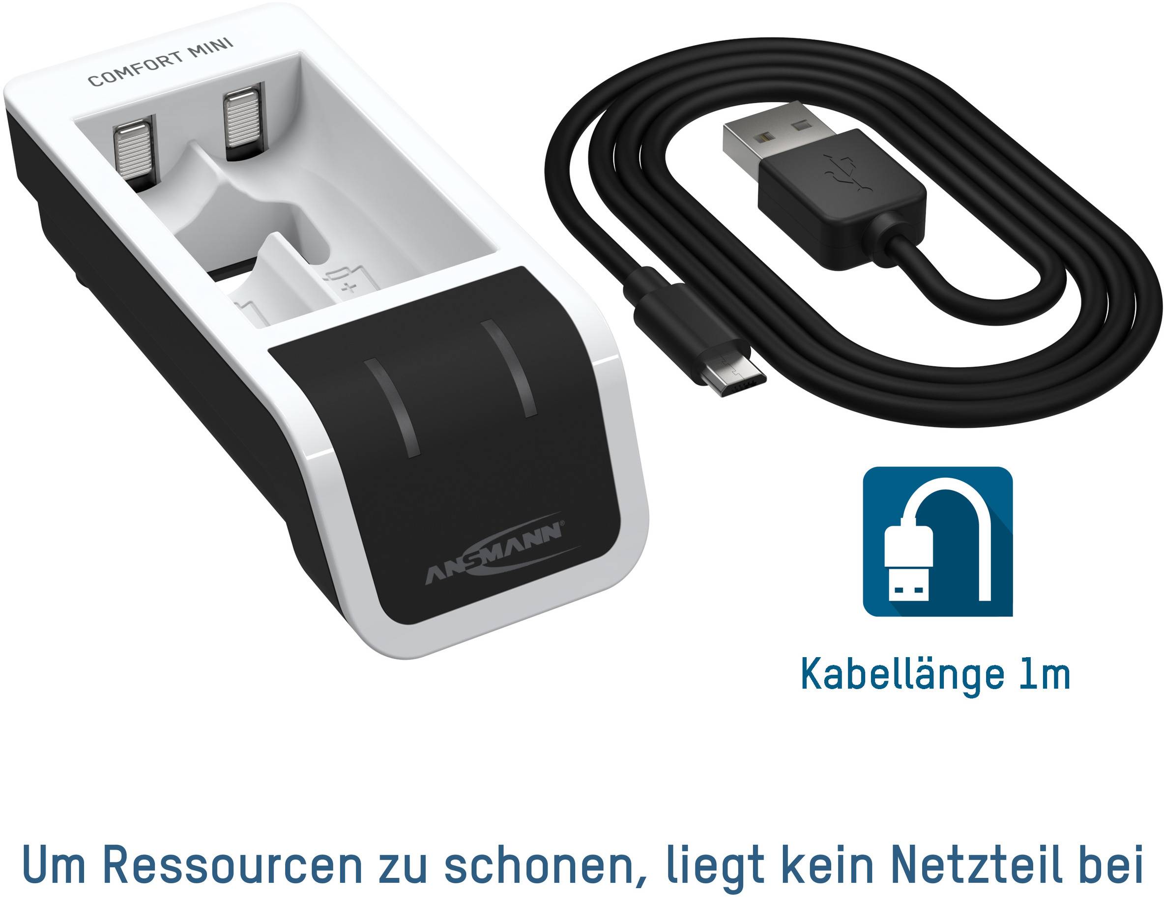 Charger with USB cable, cable length 1m. Power supply not included to conserve resources.