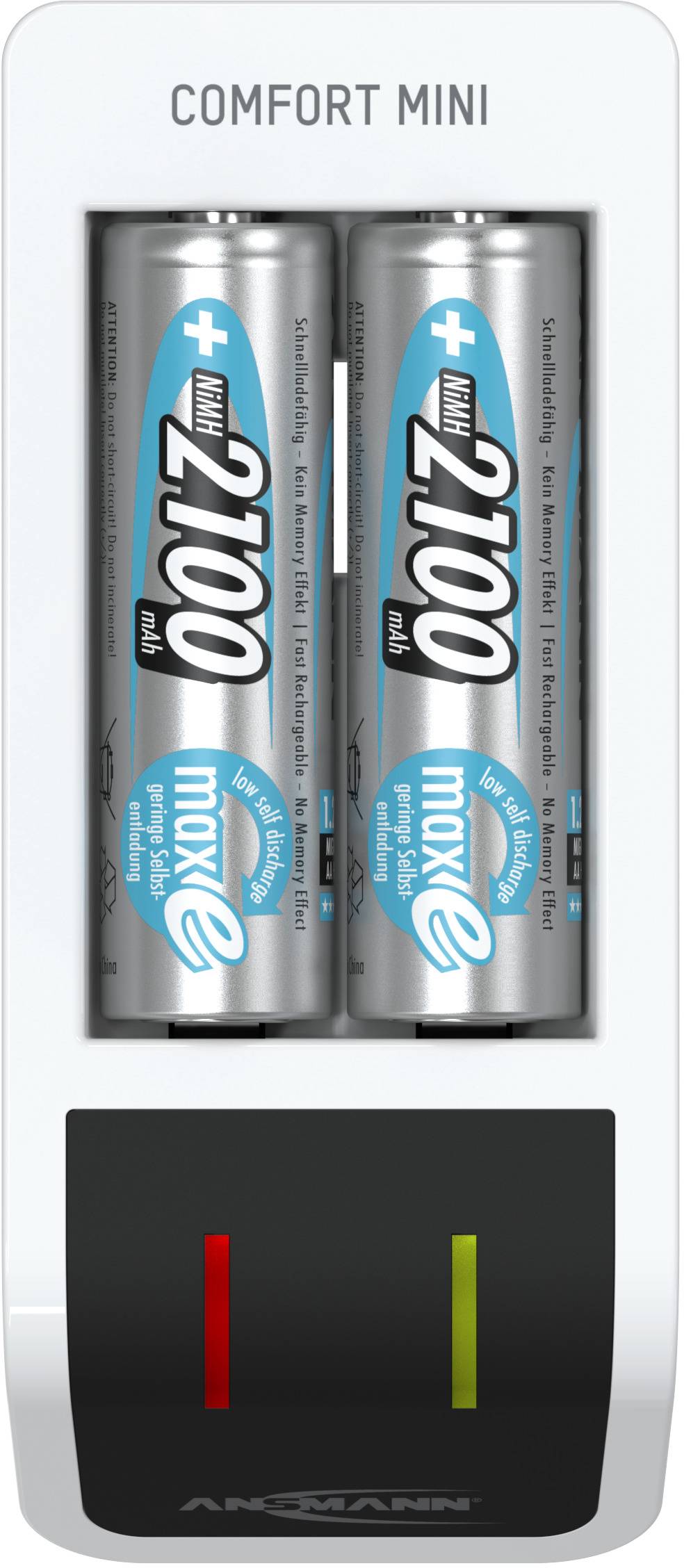 Two rechargeable batteries in the charger. A control light indicates the charging status. 'Comfort Mini' is written at the top.