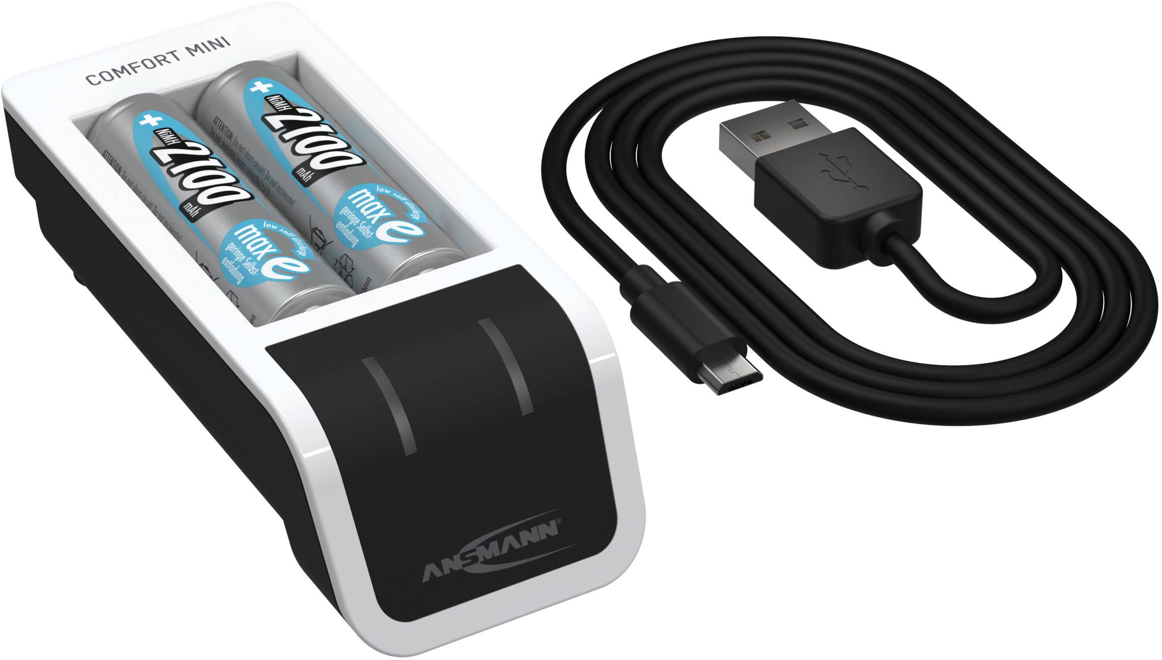Charger with two AA batteries and a USB cable, suitable for batteries with 2700 mAh capacity.