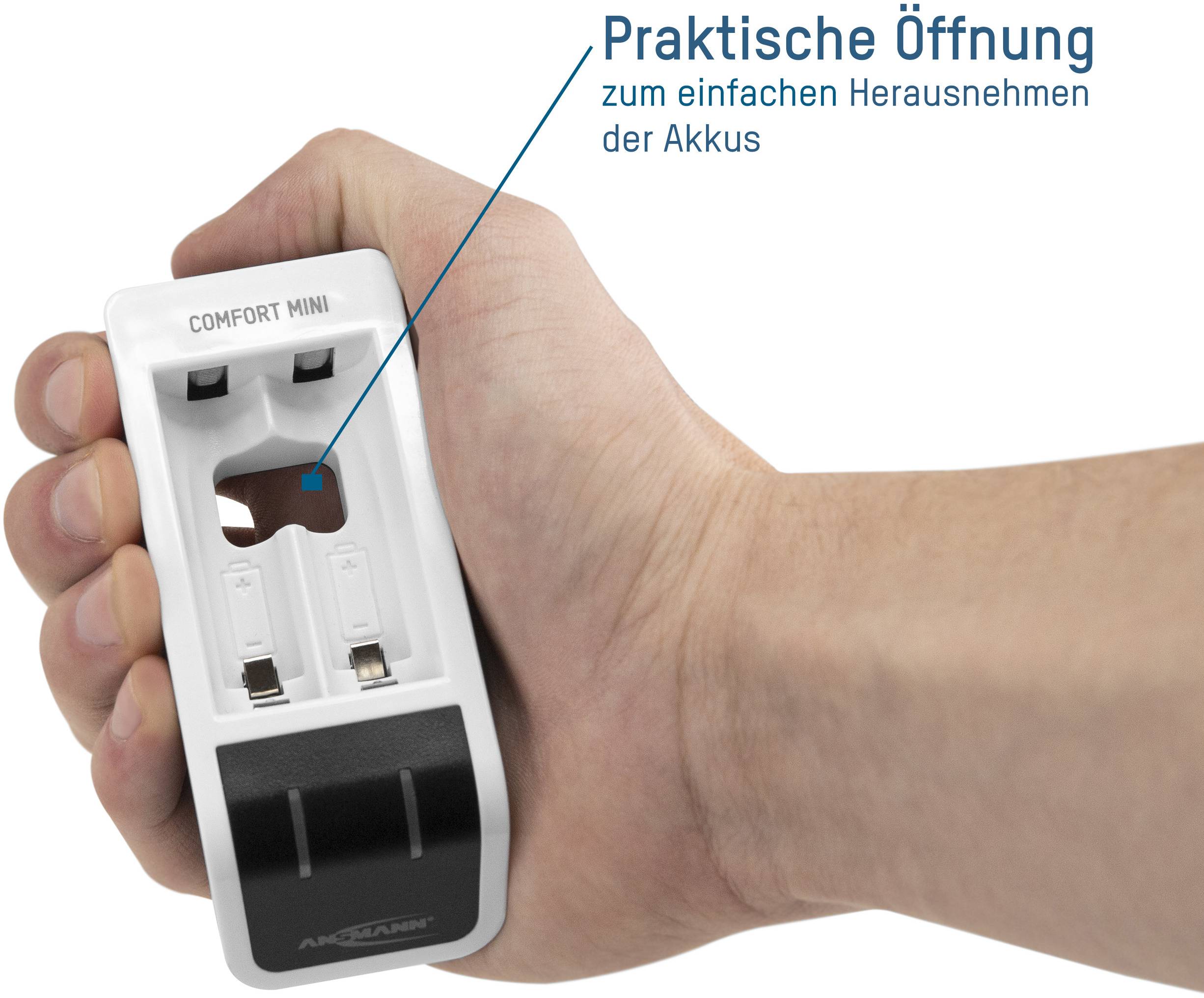 A hand holds a battery charger with the label 'Practical opening for easy removal of batteries'.