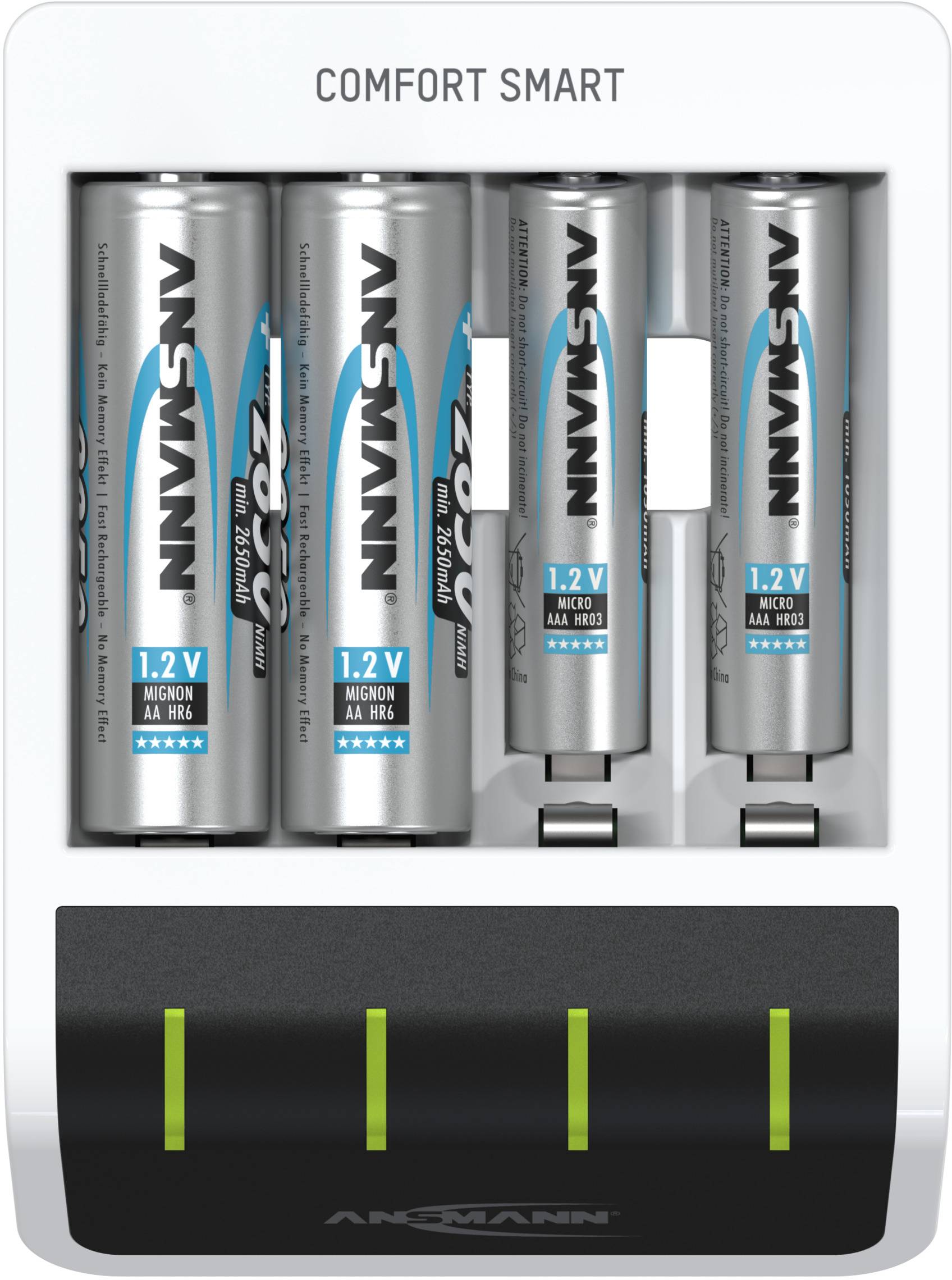 Battery charger with four rechargeable AA batteries by Ansmann, all identifiable by visible blue and silver labels.