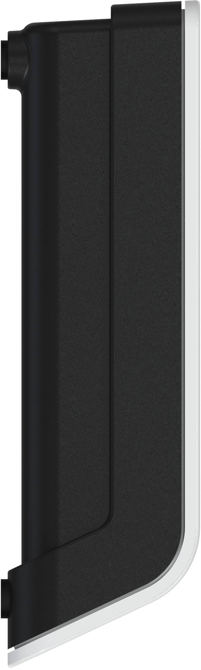 Black, vertical device component with a rounded edge and silver border.