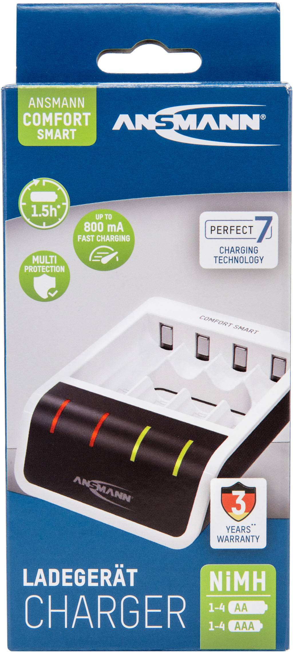 'Ansmann Comfort Smart Battery Charger for AA/AAA Batteries, with Multiple Safety Protection, Fast Charging up to 800 mA, 3-Year Warranty.'