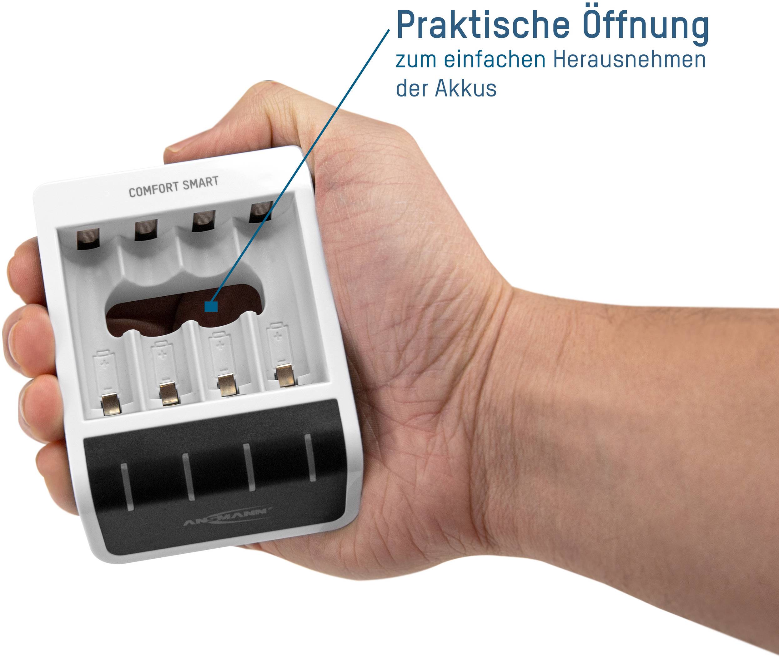 A hand is holding a battery charger 'Comfort Smart' with a highlighted practical opening and text 'Practical opening for easy removal of batteries'.