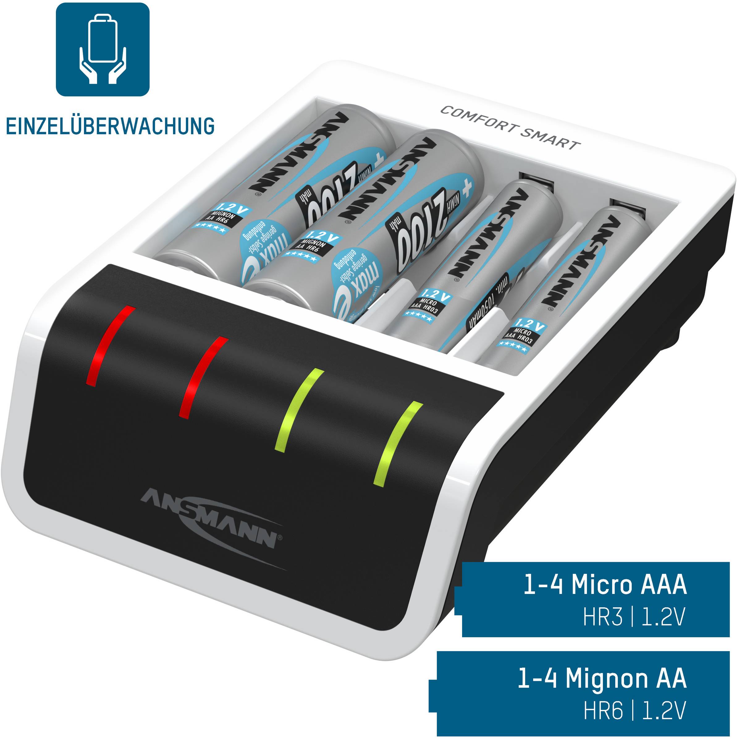 Battery charger with four inserted batteries, red and green charging status, supports Micro AAA and Mignon AA batteries.