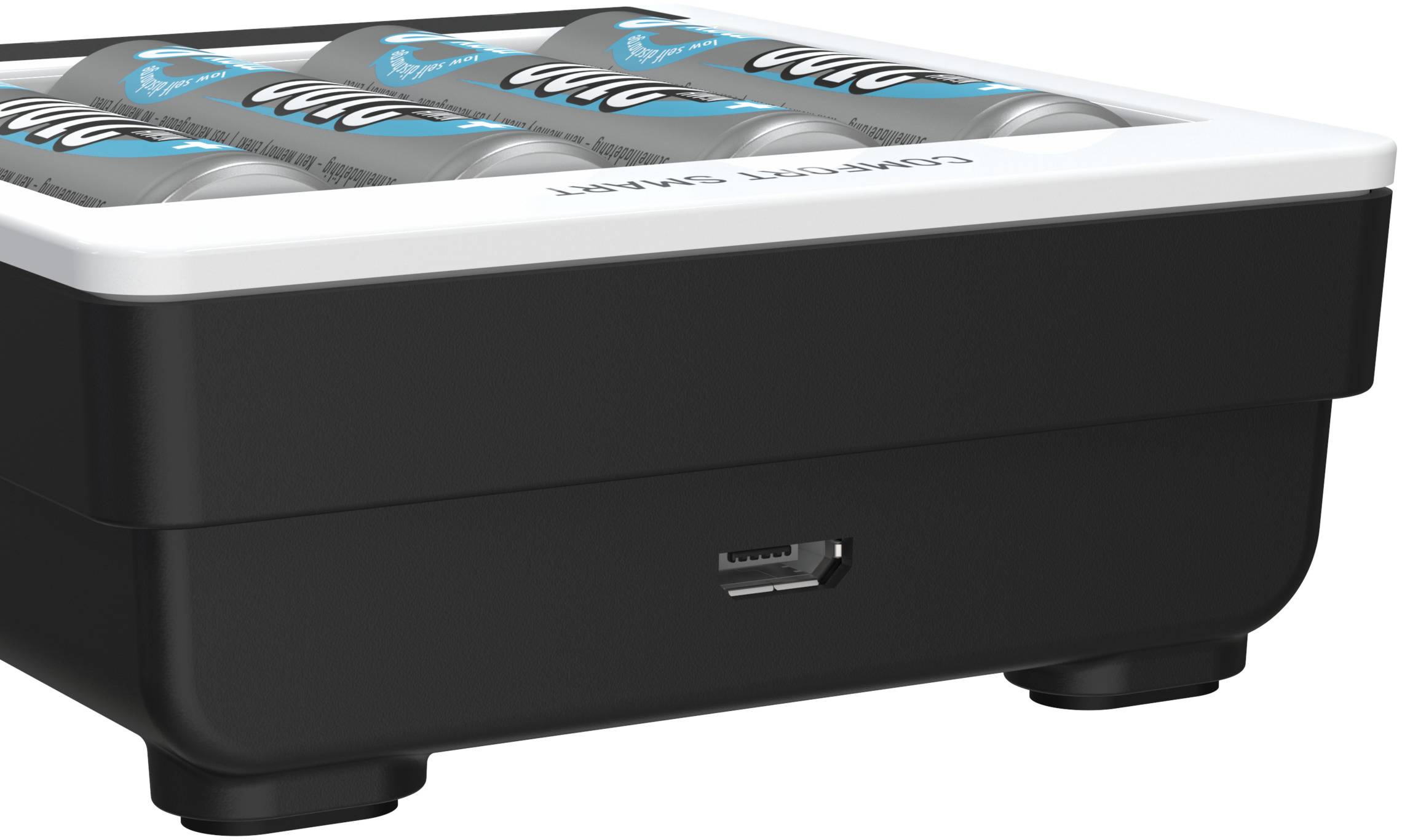 A battery-operated charger with six AA batteries is visible, which are inserted from the top. A USB port is located on the side.