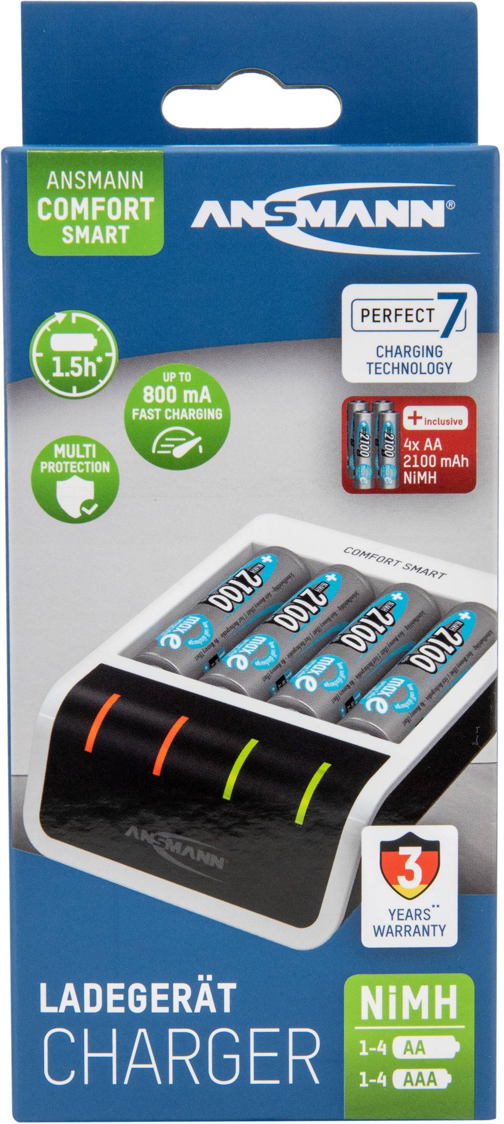 The image shows the packaging of an 'Ansmann Comfort Smart Charger' for AA/AAA batteries. It promises fast and safe charging.