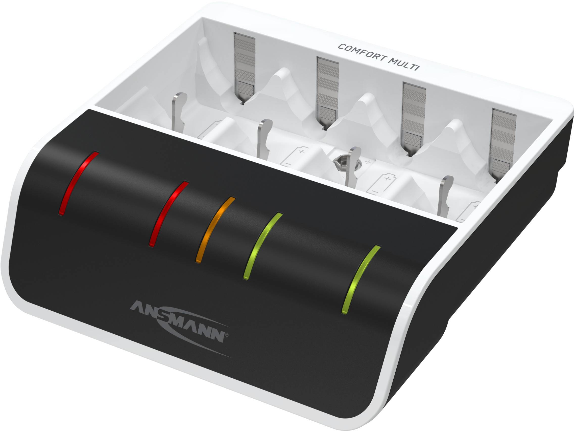 A battery charger with six charging slots, identified by four coloured LED status indicators at the front: red, orange and green.