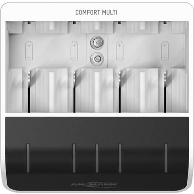 Battery charger for four AA or AAA rechargeable batteries, with battery contacts in the upper section and a charging status indicator in the lower section.