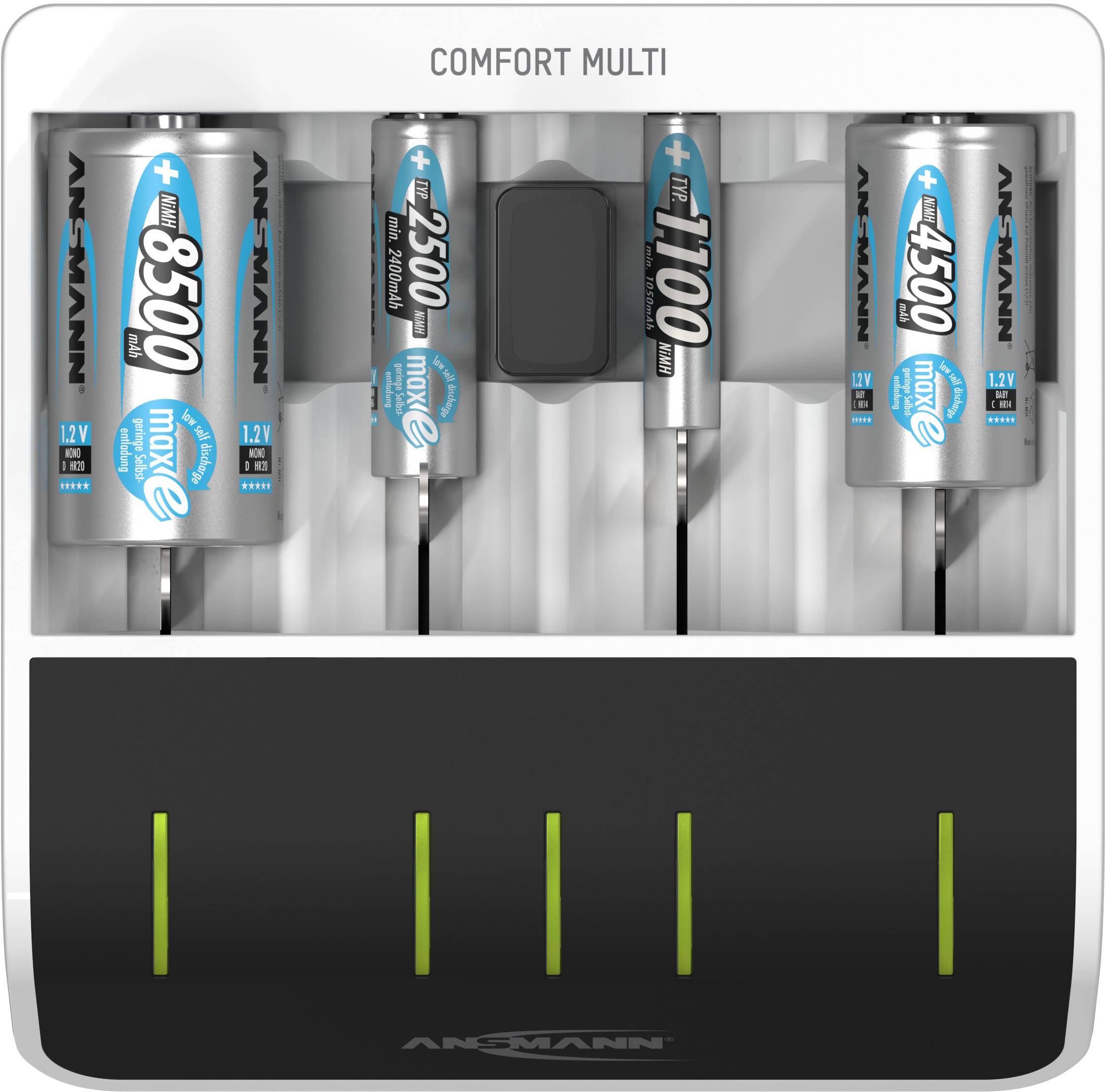 A battery charger with four different rechargeable AA and AAA batteries. Different capacities are displayed.
