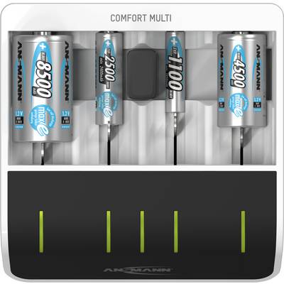 A battery charger with four different rechargeable AA and AAA batteries. Different capacities are displayed.