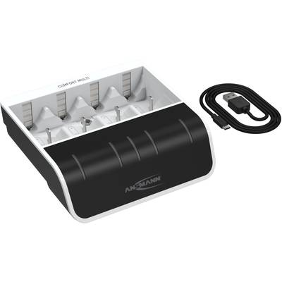'Comfort Multi' battery charger with multiple charging slots, alongside a USB cable.