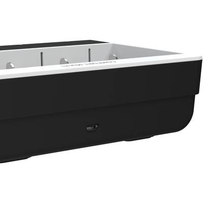 Black charging dock station with four charging slots and a micro-USB port on the side.