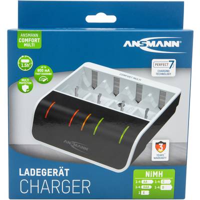 Battery charger with space for 4 AA/AAA batteries, black casing, 3-year guarantee, fast charging, suitable for Ansmann products.