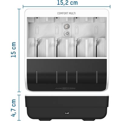 Battery charger with four charging slots and USB port on the front. Dimensions: 15.2 cm wide, 15 cm high, 4.7 cm deep.