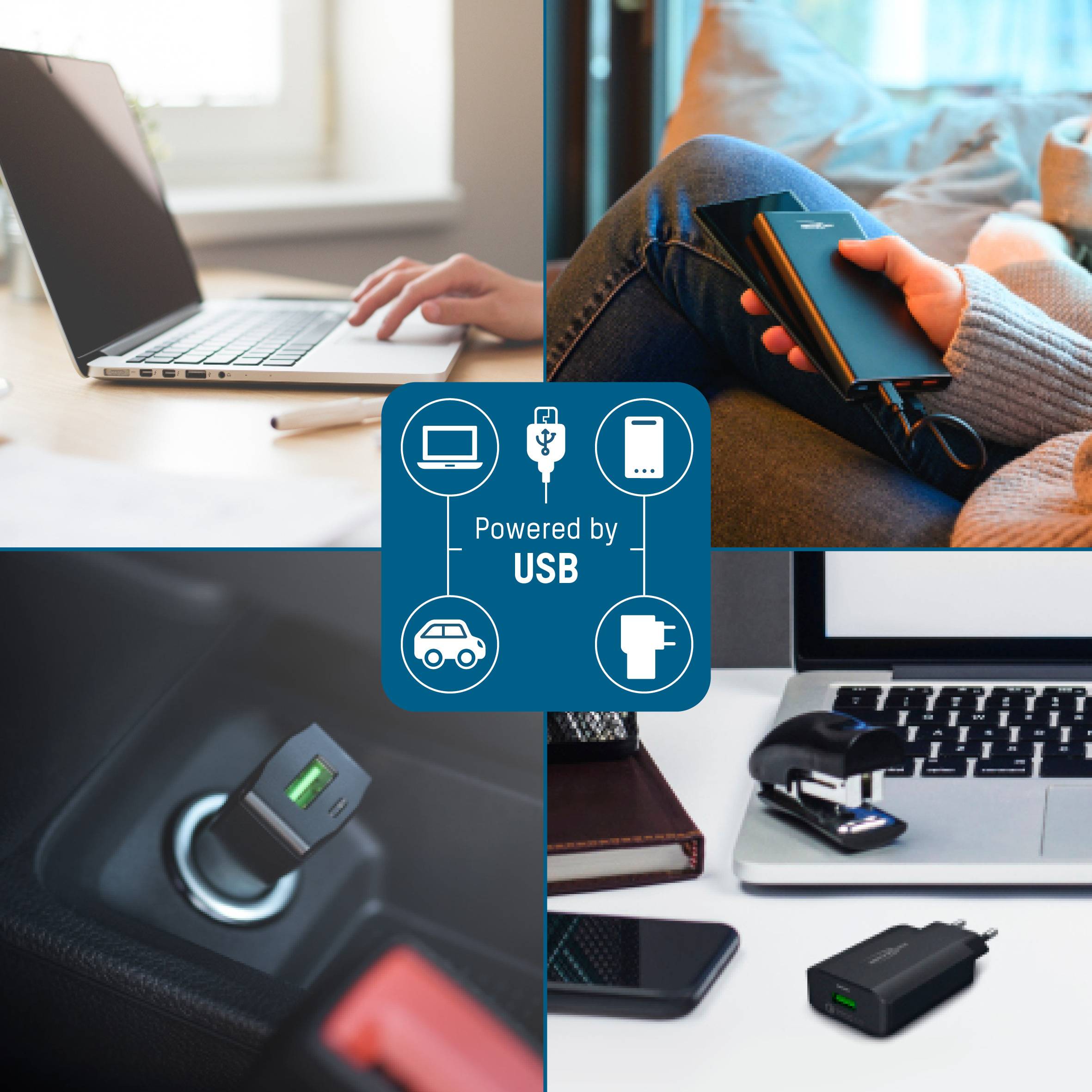 'Accessories with USB Charging Function': Various devices are charged via USB, including a laptop, tablet, smartphone and car charger.