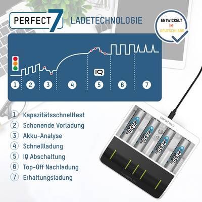 'Charging technology with 7 stages. Capacity test, gentle pre-charging, battery analysis, fast charging, automatic cut-off, maintenance charging. Developed in Germany.'