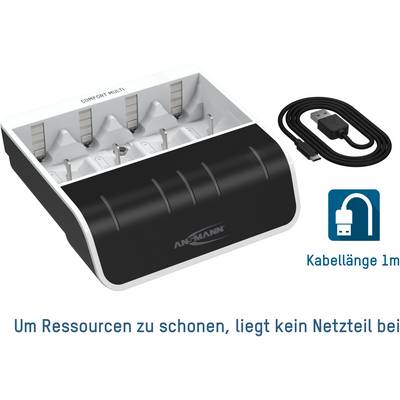 Black-and-white battery charger for multiple batteries with USB cable. Note: No power adapter included, cable length 1m.