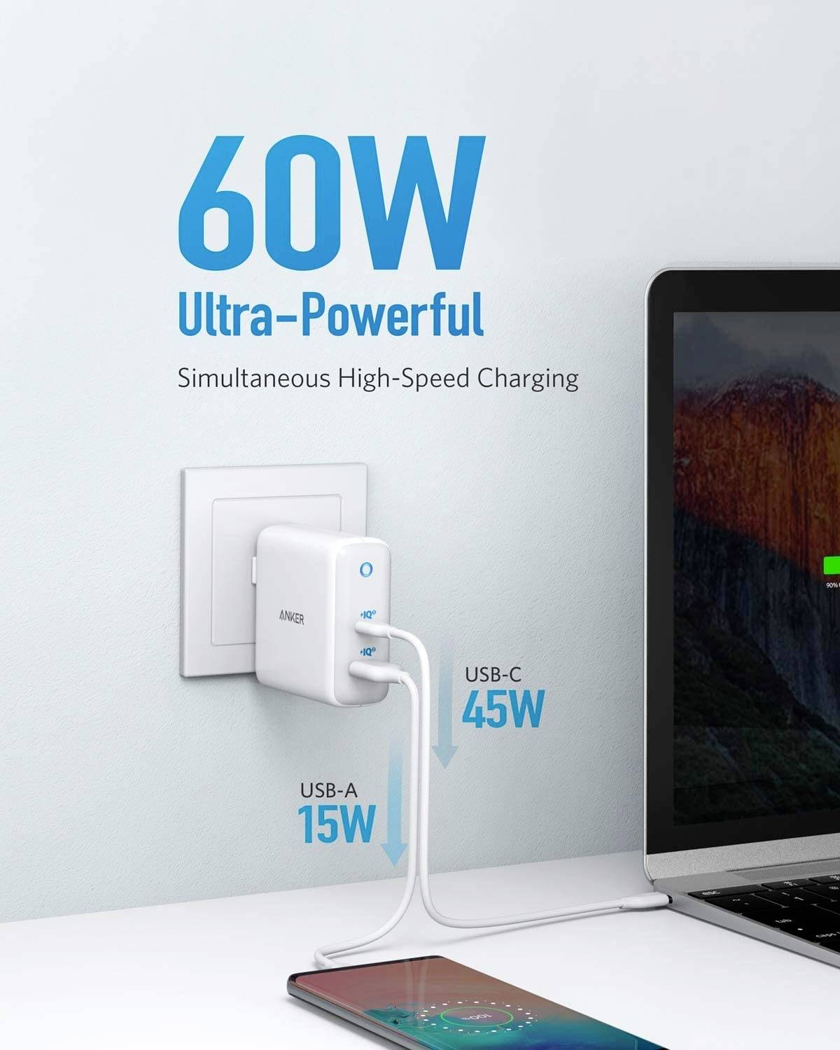Anker PowerPort+ Atom III USB charger 60 W USB, USB-C® socket White Mains socket-6