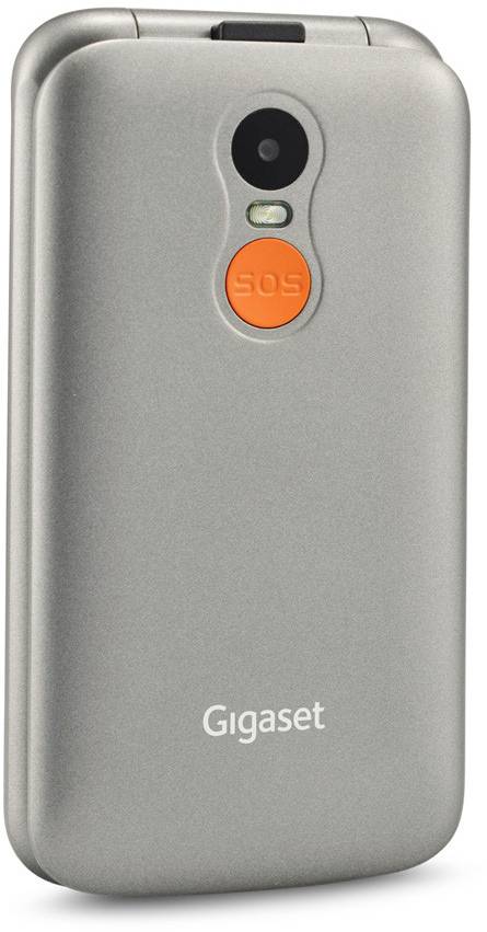 Silver folding mobile phone by Gigaset with visible SOS button on the back.