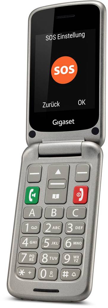 Foldable mobile phone with a large keypad. Screen displays 'SOS Settings'. Large SOS button and clearly marked numbers. Ideal for seniors.